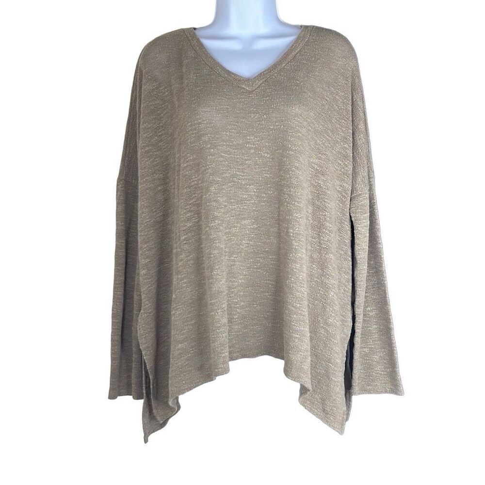 Talulla Tan Oversized V Neck Long Sleeve Stretch Pullover‎ Sweater Medium Boho